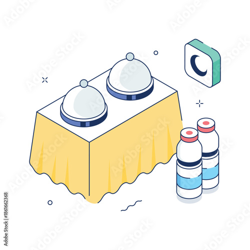 An editable isometric illustration of buffet counter setup
