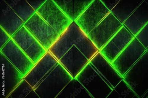 abstract geometric pattern with glowing green and yellow neon lines forming diamond shapes on a dark textured background, evoking a futuristic and vibrant atmosphere