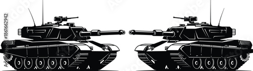 Military battle tanks facing each other silhouette illustration, armored warfare vehicle vector design for defense army combat strategy concept