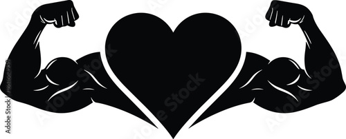 Strong muscular arms holding heart silhouette illustration, fitness love strength concept vector design for gym health lifestyle motivation branding