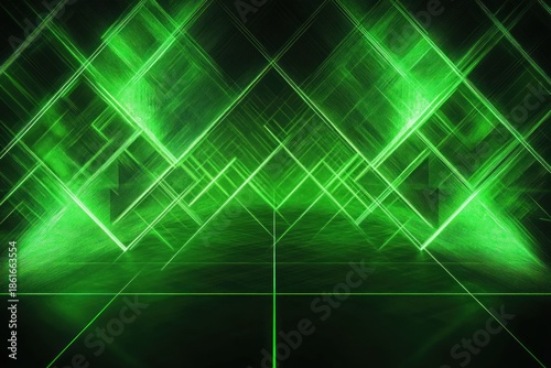 Glowing green geometric lines forming an abstract symmetrical futuristic tunnel with illuminated diamond shapes and reflective floor