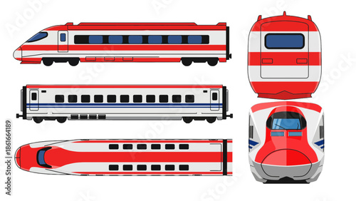High speed train vector illustration set showing multiple angles including front, side, top, and rear view. Clean flat design with red and white color scheme, suitable for transportation concepts