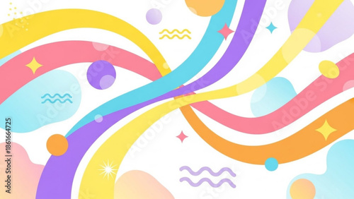Abstract Colorful Background: A vibrant display of flowing, multi-colored ribbons and playful geometric shapes creating a sense of joy and artistic expression.