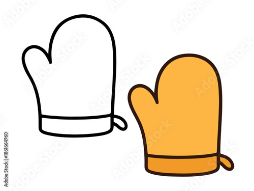 Simple oven mitt illustration with a colored version and an outline version, clean and minimal style suitable for icons, stickers, kitchen graphics, kids content, and coloring pages.