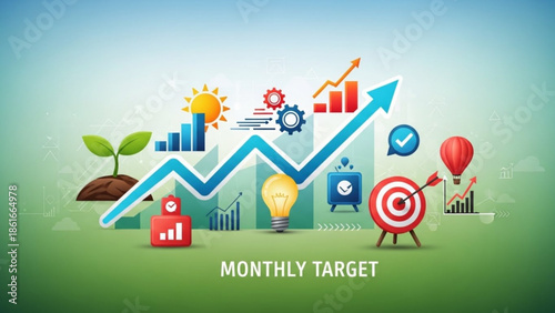 Monthly Target Growth: An illustrated representation of monthly target growth, highlighting upward trends, achieved goals, and innovative ideas, all set against a vibrant and dynamic background.