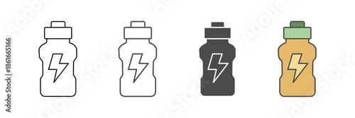 Set of minimalist energy drink bottle icons with transparent background, depicting a lightning bolt symbol for sports, fitness, and vitality, vector illustration