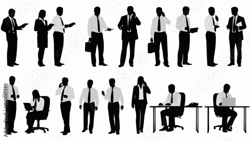 Silhouettes of business people in various poses and actions.