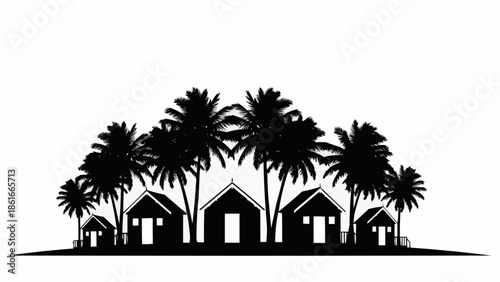 Silhouette of tropical bungalows and palm trees on a white background.
