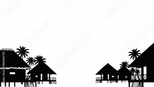 Silhouette of tropical huts and palm trees on a white background.