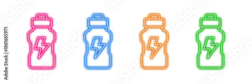 Neon glowing shaker bottle vector icons set, sports drink, energy, fitness, workout, vibrant colorful digital design illustration on transparent background.
