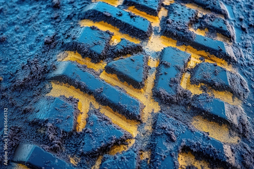 Obraz premium close-up of a mud-covered heavy rubber tread with yellow base and blue dirt, gritty rugged texture conveying strength and resilience