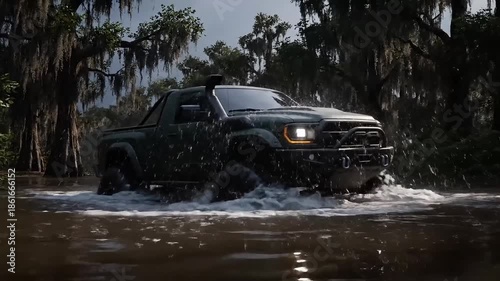 A formidable off-road truck forges through the shadowy waters of a wild swamp, highlighting its robust design and adventurous journey into the heart of nature