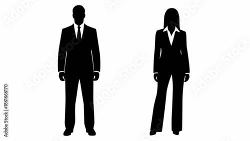 Silhouettes of a man and woman in business suits standing.
