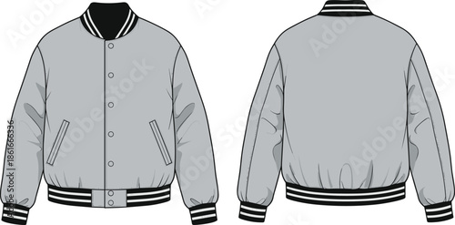Men's varsity bomber jacket fashion technical flat front back view vector illustration for apparel clothing design template industry use marketing