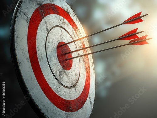 Close-up of a worn target board with three red arrows precisely hitting the bullseye under soft natural light