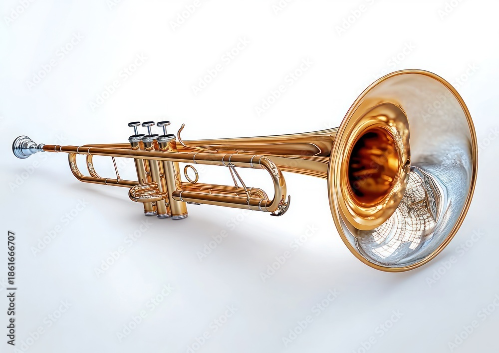 Naklejka premium gleaming polished brass trumpet lying on a white surface showing mouthpiece, valves, tubing and reflective bell, elegant studio composition conveying calm and refined musical precision
