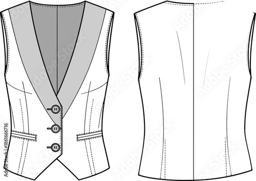Women's tailored vest waistcoat fashion technical flat front back view vector illustration for sewing pattern apparel design clothing industry template