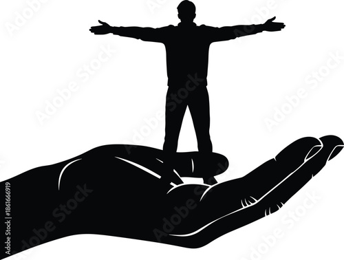 Black Silhouette of Man Standing with Open Arms on a Giant Hand, Symbolizing Support, Freedom, Success, and Protection, Isolated on White