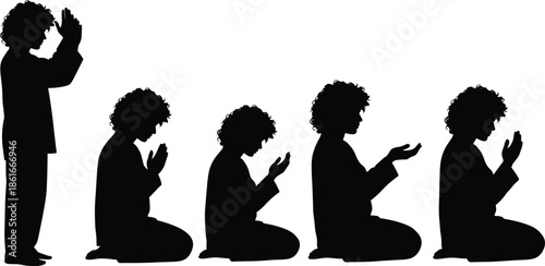 Black Silhouettes of a Boy Praying in Various Poses, Kneeling and Standing with Hands Together, Symbolizing Faith, Hope, and Spirituality
