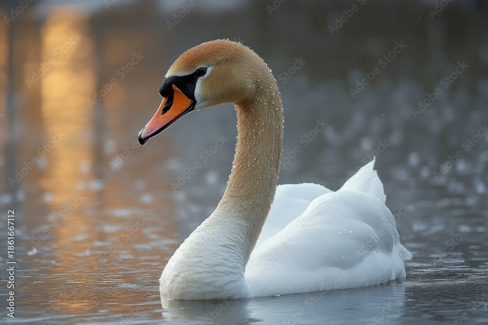 Obraz premium Solitary white swan gliding on calm water, droplets on its feathers and warm golden reflections, elegant curved neck conveying serene peacefulness
