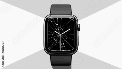 Broken smartwatch with cracked screen on white background