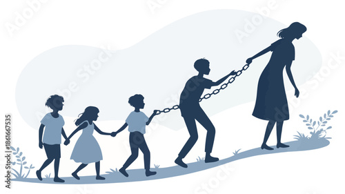 Mother and children connected by chain links in silhouette