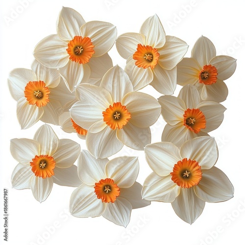 Cluster of white flowers with orange trumpet-shaped centers arranged against a bright white background, evoking freshness and simplicity