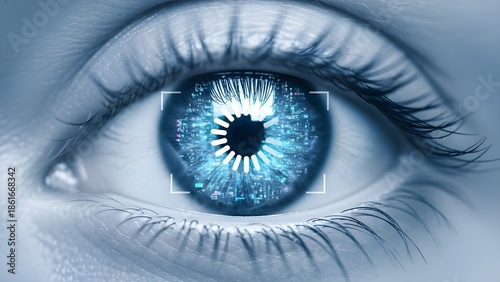 Close-up of a high-tech blue eye scanning digital data, representing the future of identity and security challenges like deepfake detection and biometric verification in 2026.