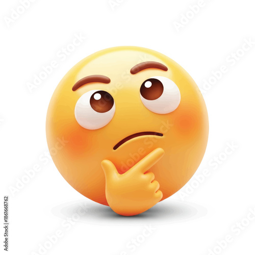 A thoughtful yellow thinking face emoji with hand on chin conveying curiosity and contemplation.