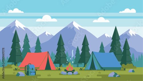 Vibrant flat design illustration of a scenic mountain campsite featuring two tents, a roaring campfire, and a background of snow-capped peaks and pine forest.