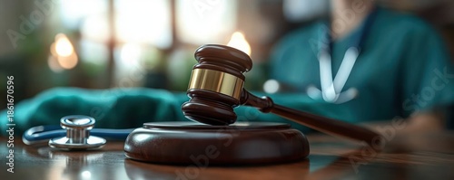 wooden gavel and stethoscope on a table with a blurred healthcare worker in the background conveying tension and accountability