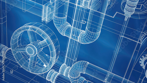3D blueprint of HVAC network design concept. Abstract blue blueprint of industrial piping and machinery design.