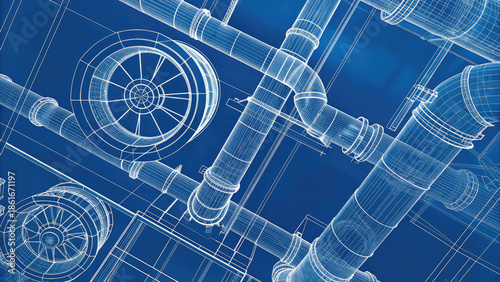 3D blueprint of HVAC network design concept. Blueprint design showcasing mechanical piping and ventilation systems.