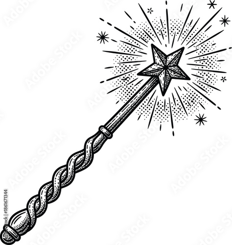 Retro Engraved Magic Wand with Sparkle Star Black and White Hand Drawn Vector Illustration