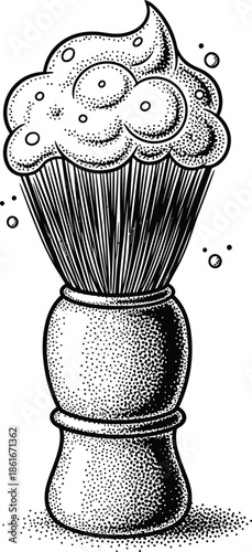 Classic Shaving Brush with Foam Lather Engraving Style Black and White Vector Illustration