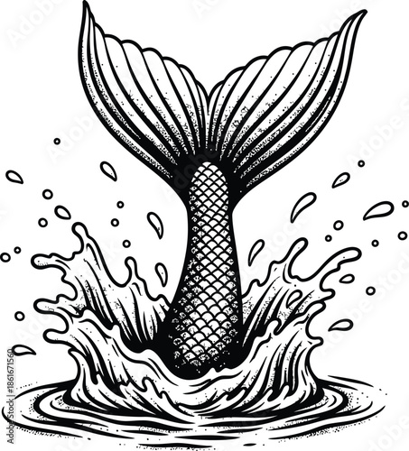 Black and White Vintage Mermaid Tail Splash Illustration Engraving Style Vector