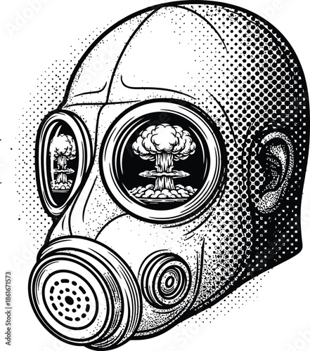 Gas Mask with Nuclear Atomic Bomb Reflection in Eyepieces Black and White Vector Art
