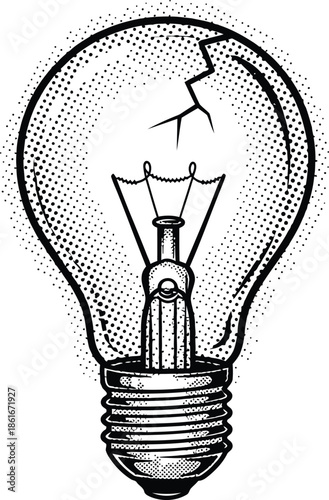Cracked Light Bulb Halftone Vector Illustration Black and White Comic Style