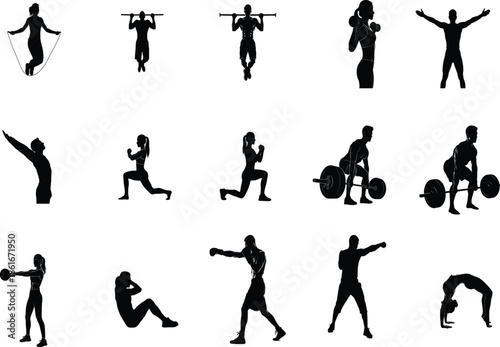 Collection of black silhouettes depicting various exercise and fitness activities