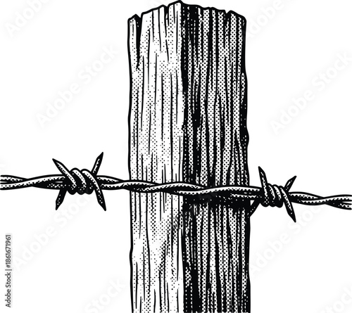 Barbed Wire Fence Post Woodcut Style Etching Vector Illustration Black White Sketch Art