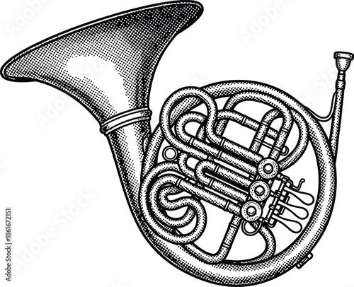Vintage Engraving Style French Horn Vector Illustration Black and White Orchestral Brass Musical Instrument with Dot Shading Texture