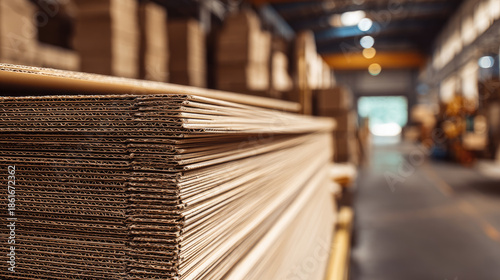 Stacked corrugated cardboard sheets concept. Stacks of cardboard in a warehouse setting, ready for shipment.