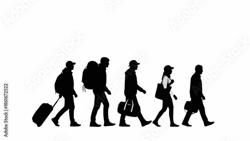 Silhouettes of people walking with luggage and backpacks.