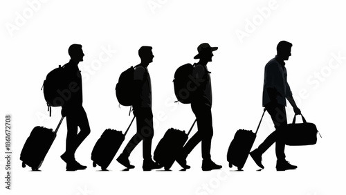 Silhouettes of travelers with luggage on white background.