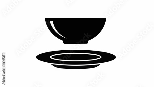 Simple Black Silhouette of a Bowl and Plate Icon.