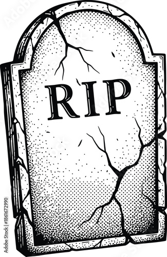 Weathered RIP Gravestone Vector Illustration Halloween Tombstone Black and White Drawing