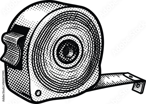 Black and White Tape Measure Vector Illustration with Halftone Dots Vintage Comic Style