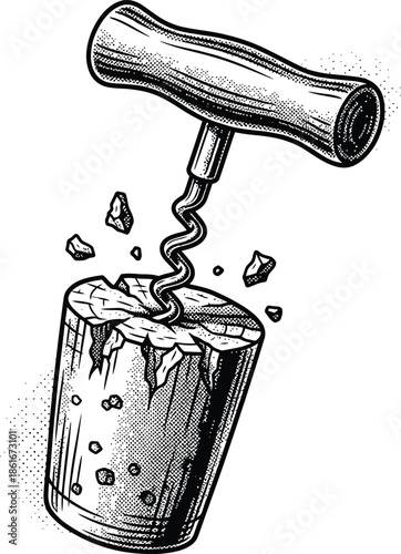 Vintage Engraving Style Drawing of Corkscrew Opening a Cracking Wine Cork