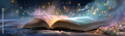 Ultra wide fantasy background open book emitting glowing light particles dark background imagination and education theme cinematic banner style