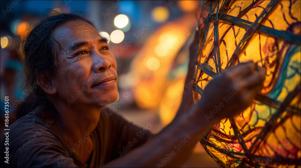 Fototapeta premium A woman crafts a lantern for the Siem Reap Giant Puppet Parade in Cambodia